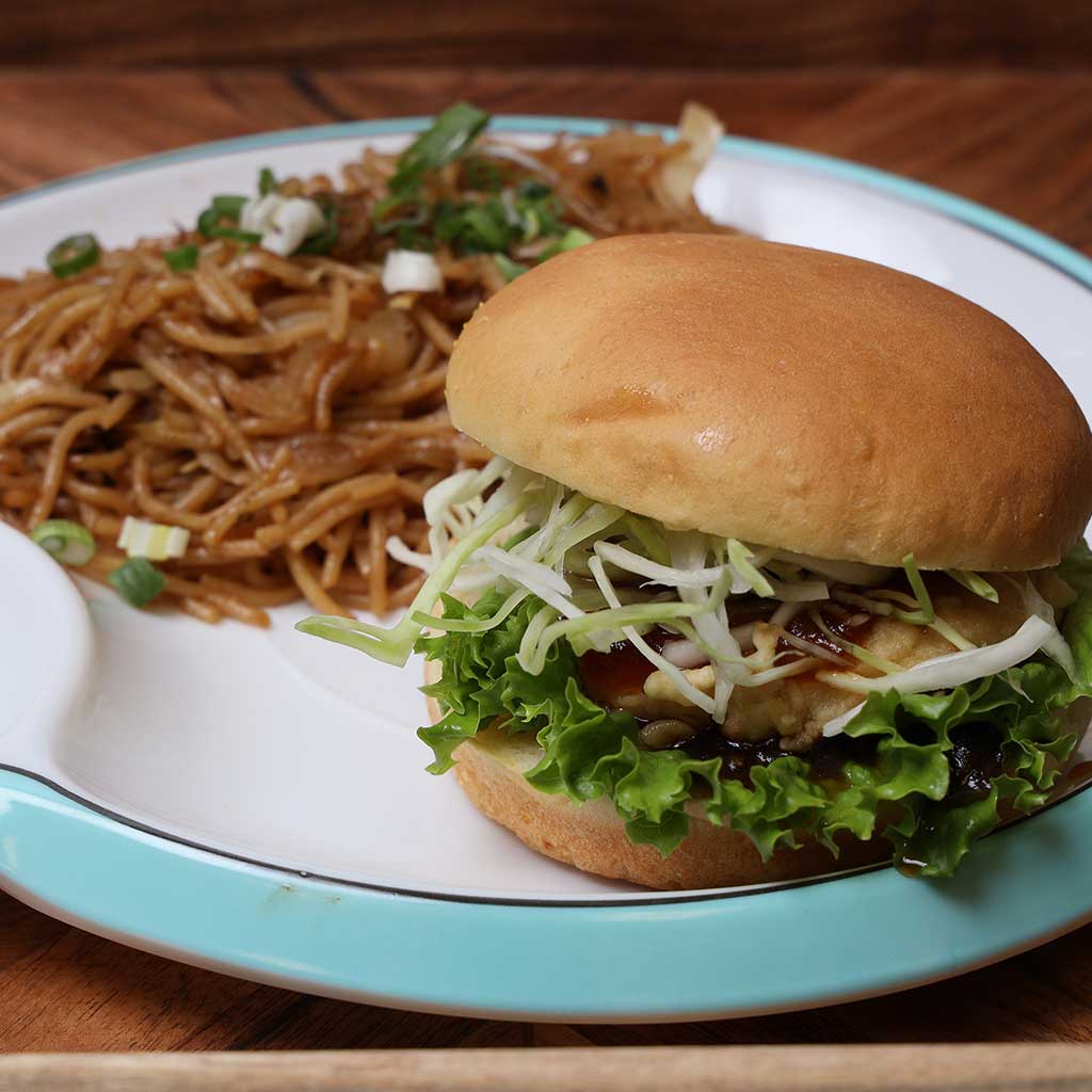 Burger Joy burder with noodles